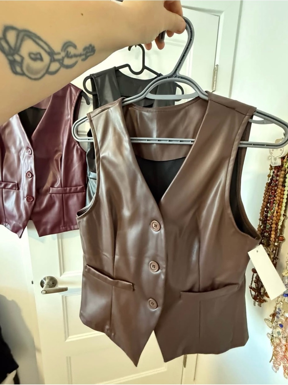 Women's Brown Faux Leather Vest - Sleek Button Front